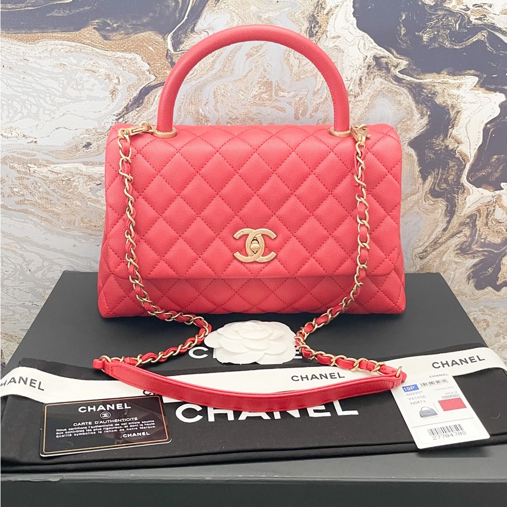 Chanel Medium Lizard-Trim Coco Handle Caviar Quilted Red Flap Bag